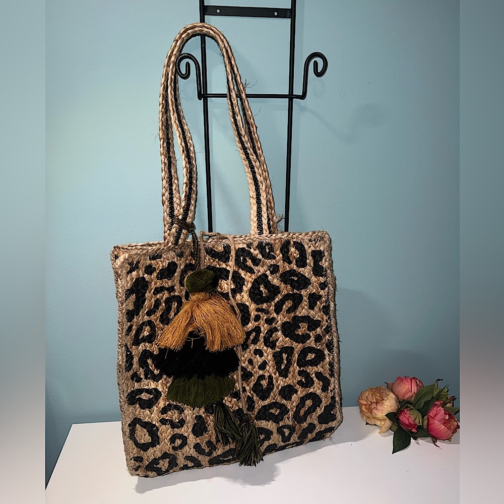 Leopard Print Woven Tote Bag with Tassel